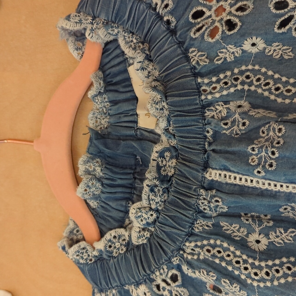 Embroidered Blue Flutter-Sleeve Women's Top - Picture 3 of 6